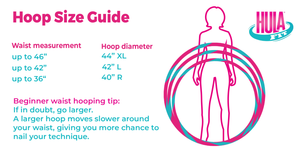 Hoop Size guide: Waist up to 46" XL - 44" hoop, waist up to 42" - L 42" hoop, waist up to 36" - R 40" hoop 