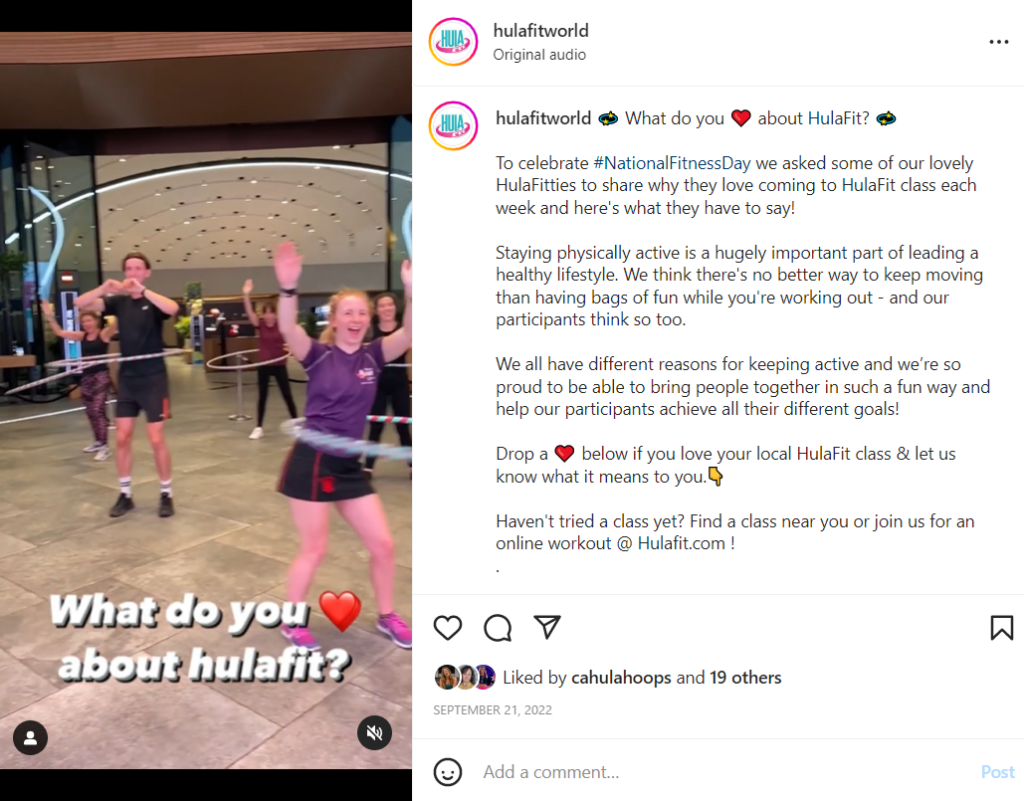 Love hula hooping? What do you love about hulafit? Instagram post preview